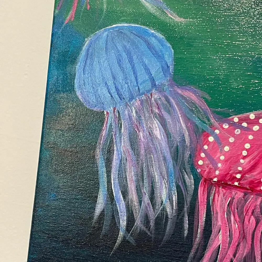 Handmade acrylic painting jellyfish underwater 12x16 wallart